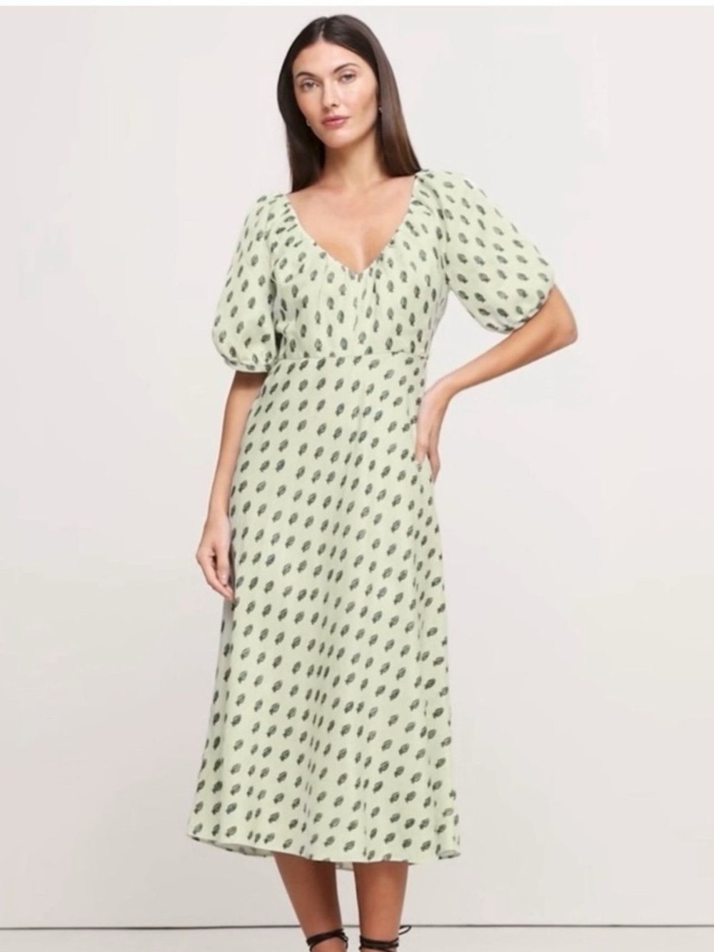 BANANA REPUBLIC ETCHED PAISLEY VISCOSE-LINEN RUCHED Midi DRESS